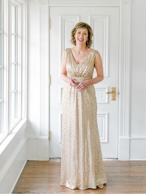 Revelry Bijou Champagne Gold Sequin V-Neck Evening Mother of Bride Gown size 10